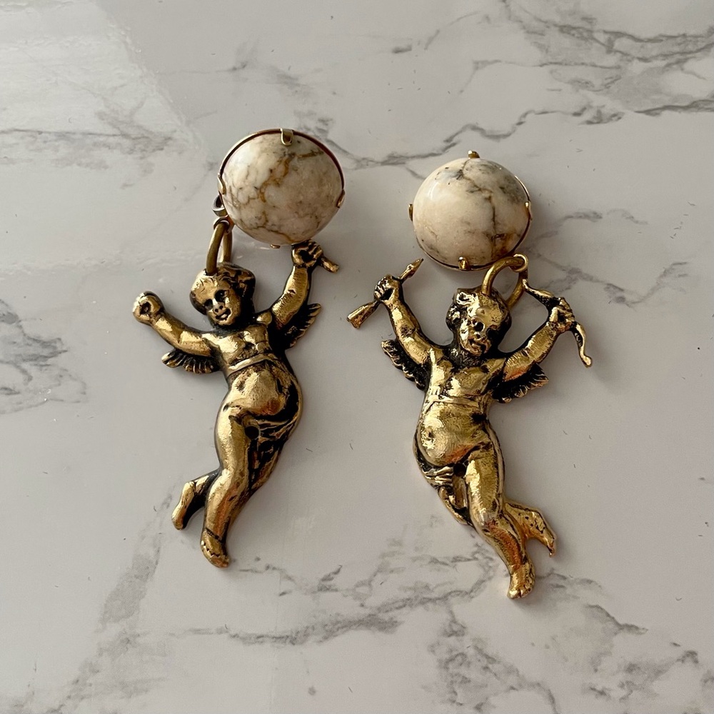 Vintage Gold Cupid Earrings with Italian Marble